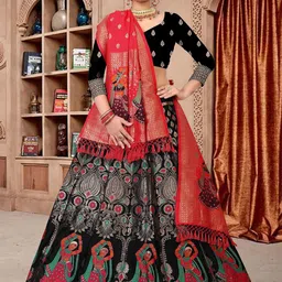 KALINI Embroidered Thread Work Kalamkari Semi-Stitched Lehenga & Unstitched Blouse With Dupatta-image-64