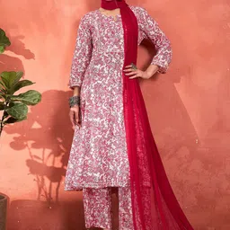 Shae by SASSAFRAS Women Floral Printed Cotton Kurta with Palazzo & Dupatta-picture-2