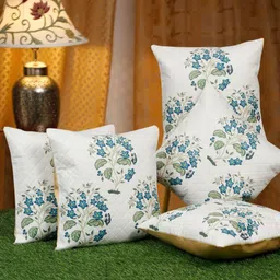 SOKNACK White & Green Set of 5 Floral Velvet Square Cushion Covers-16