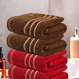 Kuber Industries Red & Brown 4 Pieces Striped Cotton 450 GSM Bath Towels-77