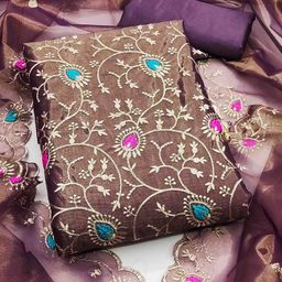Blissta Floral Embroidered Zari Work Organza Unstitched Dress Material-picture-23