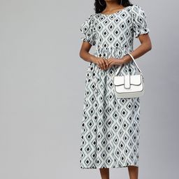Swishchick Printed Puff Sleeve Fit & Flare Midi Dress-image-19
