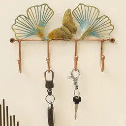 vedas Gold Toned & Blue Textured Theo Leaf Decorative Metal Wall Hooks-29
