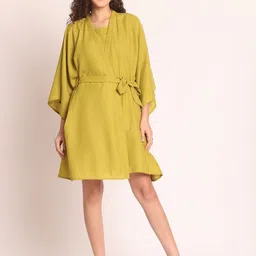 EROTISSCH Yellow V-Neck Linen Top & Shorts With Robe-picture-46