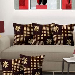 Creeva Brown & Gold-Toned 5 Pieces Ethnic Motifs Printed Velvet Square Cushion Covers-image-44