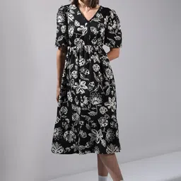 Vero Moda Cotton Floral Printed Puff Sleeve Fit & Flare Midi Dress-picture-18