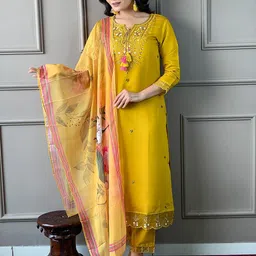SHOPONBIT Women Ethnic Motifs Embroidered Regular Chanderi Cotton Kurti with Trousers & With Dupatta-image-83