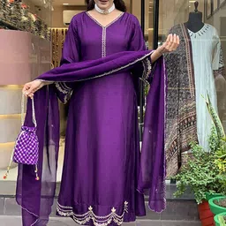 Moda Rapido Floral Yoke Design Beads and Stones Chinon Silk Kurta & Trousers & Dupatta-9