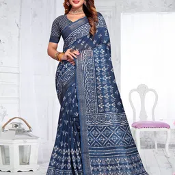 Fevinaa Ajrak Block Zari Linen Blend Block Print Saree image 1