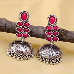 OPUS GEMS Artificial Stones Studded & Ghungroo Beaded Oxidised Dome Shaped Jhumkas-image-99