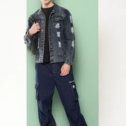 Kaali Peeli Men Washed Outdoor Denim Jacket with Patchwork-32
