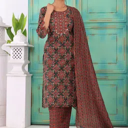 KALINI Ethnic Motifs Printed Sequinned Pure Cotton Straight Kurta With Trousers & Dupatta-14