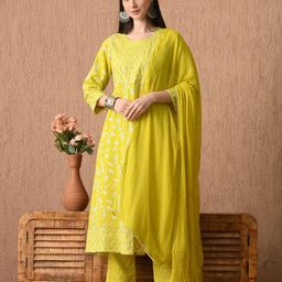 Bhoolft Floral Printed Round Neck Panelled A-Line Kurta With Trousers & Dupatta-image-18