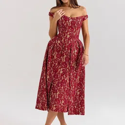 bebe Floral Print Off-Shoulder Fit & Flare Midi Dress-image-28