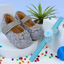 NESKA MODA Baby Girls Combo Pack Of Cotton Hairband and 6 To 12 Months Synthetic Leather Booties-image-2