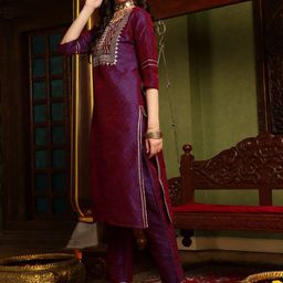 Sangria Purple Geometric Self Design Notch Neck Sequinned Kurta With Trouser And Dupatta image 3