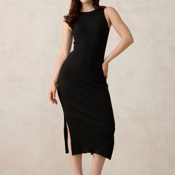 Outzidr Women Solid Black Round Neck Bodycon Slits Detail Midi Dress-image-39