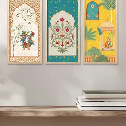 WALLLANE Blue & Yellow 3 Pieces Floral and Botanical Traditional Printed Wooden Wall Art-9