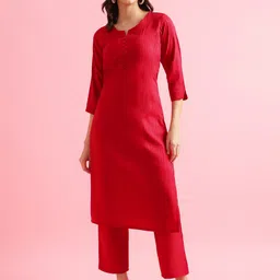 Fourleaf Women Striped Regular Thread Work Kurta with Trousers-image-88