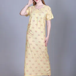 FIRST SLEEP Women Pure Cotton Geometric Printed Mandarin Collar Maxi Regular Nightdress-image-65