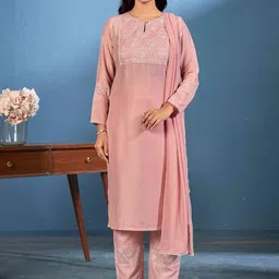 Laxmipati Women Embroidered Regular Thread Work Pure Cotton Kurta with Trousers & Dupatta-image-77