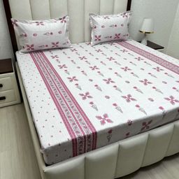 Pure Decor White & Pink Ethnic Motifs Queen Bedsheet with 2 Pillow Covers-image-36