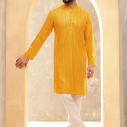 Anouk Mustard Geometric Embroidered Sequence Band Collar Cotton Straight Kurta-picture-56