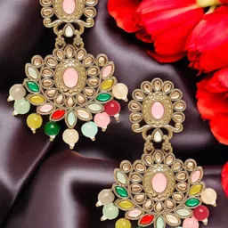 fabula Kundan Stone Studded & Beaded Floral Shaped Drop Earrings-9
