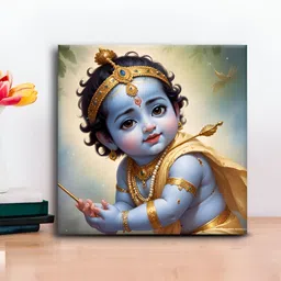 OLIVE TREE Blue & Green Lord Krishna Canvas Painting Wall Art-image-80