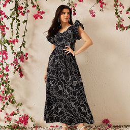 STREET 9 Women Abstract Printed V-Neck Flutter Sleeves Maxi Dress-picture-20