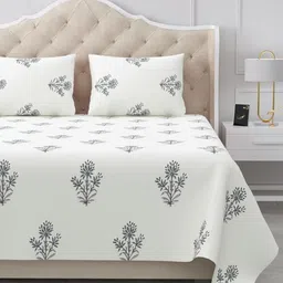 BELLA CASA Off White & Grey Ethnic Motifs 180 TC King Bedsheet with 2 Pillow Covers-picture-16