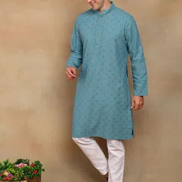 House of Pataudi Geometric Embroidered Mandarin Collar Sequinned Kurta-picture-46