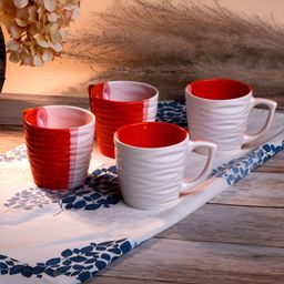 Storepedia White & Orange Handcrafted Textured Ceramic Glossy Cups Set of Cups and Mugs-1