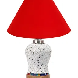 Devansh Red & White Printed Frustum Shaped Wooden Table Lamp image 5