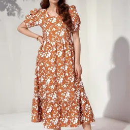 DressBerry Women Floral Printed Puff Sleeve Fit & Flare Midi Dress-image-8