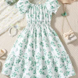 White World Girls Floral Printed Puff Sleeve Fit & Flare Midi Dress-image-87