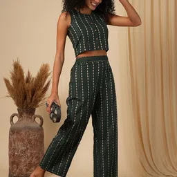 Globus Green Floral Woven Design Crop Top With Straight Trousers-image-20