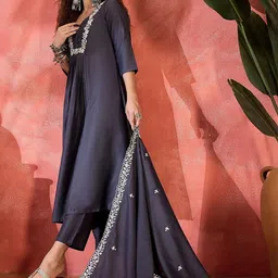 Sangria Floral Yoke Design Thread Work A-Line Kurta With Trouser And Dupatta-26