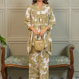 Sangria Floral Printed Inverted Stitch Detailing Tunic & Trousers Co-Ords-image-54