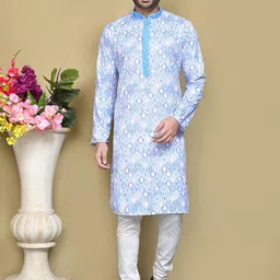 RANAK Geometric Printed Mandarin Collar Long Sleeves Regular Pure Cotton Straight Kurta-image-96