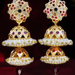 Subham Jewellers Gold-Plated Cubic Zirconia Studded & Beaded Dome Shaped Jhumkas-30