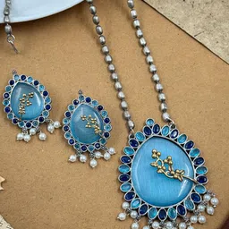 NAMAN ARTS Silver-Plated Oxidised Stone-Studded & Beaded Jewellery Set-image-26