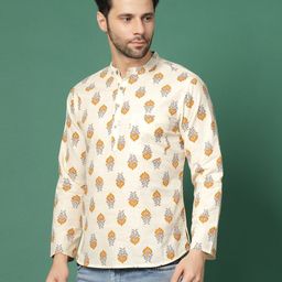 Sangria White Floral Printed Band Collar Regular Pure Cotton Straight Kurta-image-69