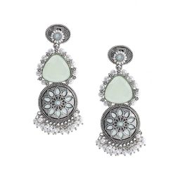 Shining Jewel - By Shivansh Matte Silver-Plated Stones & Beads Oxidised Drop Earrings-image-61