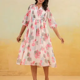 Janasya Women Floral Printed Puff Sleeve Georgette Fit & Flare Midi Dress-image-91