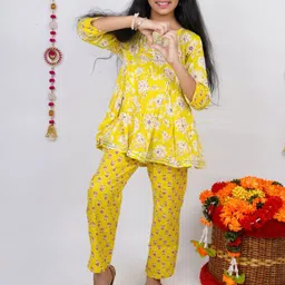 Vastrarth Girls Floral Printed Regular Gotta Patti Pure Cotton Kurti with Trousers-picture-21
