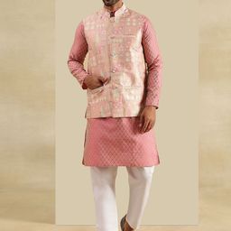 SOJANYA Men Printed Straight Kurta with Pyjamas With Nehru Jacket-2