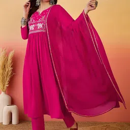 Sangria Embroidered Notch Neck A-Line Kurta With Trousers & Dupatta-picture-32