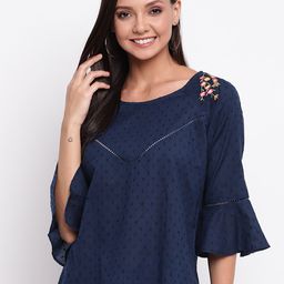 Mayra Women Blue & Yellow Self Design Round Neck Pure Cotton Regular Top-image-76