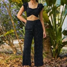 KASSUALLY Black Polka Dot Printed Crop Top & Trousers-34